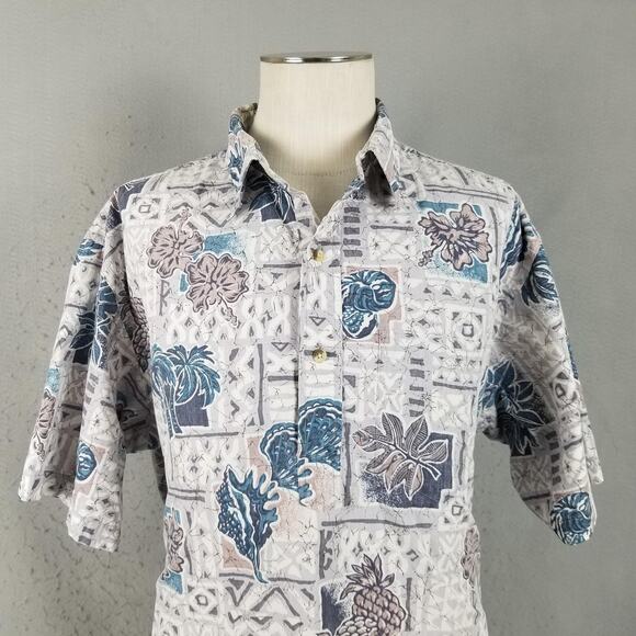 ONO & Company Shirt Mens 2XL Blue Gray Hawaiian Floral Pineapple Aloha Cotton - Picture 2 of 12